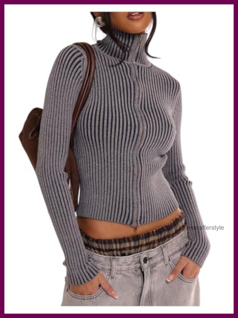 Y2K Striped Cropped Sweater Zip Up Cardigan for Women High Stretch Ribbed Knit